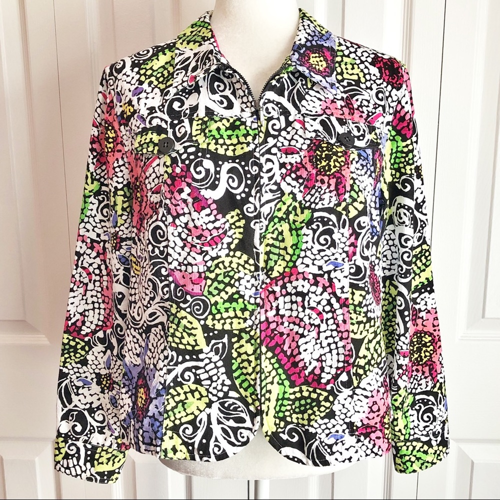 Coldwater Creek Colorful Abstract Floral Print Zip Cotton Jacket LP